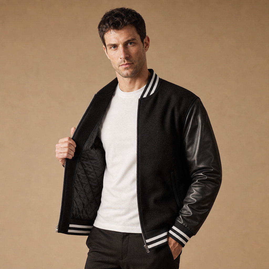Drift Black Varsity Wool leather Sleeve Jacket For Men in Black – Tarlano Premium Menswear