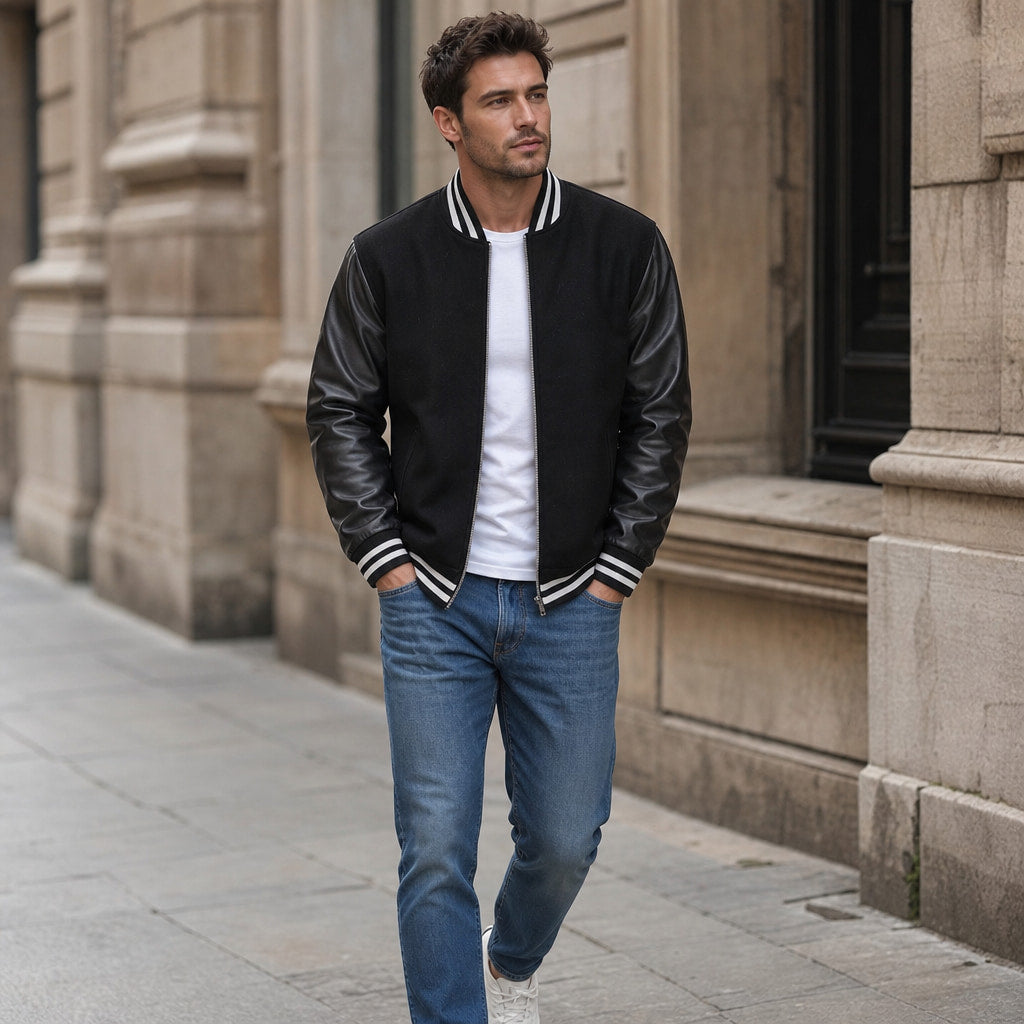 Drift Black Varsity Wool leather Sleeve Jacket For Men Black – Styled Editorial Shot