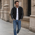 Drift Black Varsity Wool leather Sleeve Jacket For Men Black – Styled Editorial Shot