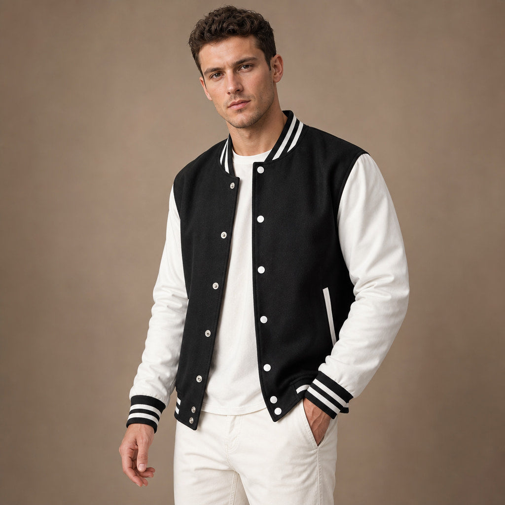 Duskborn Black and White Wool Leather Varsity Jacket Black – Side Angle View