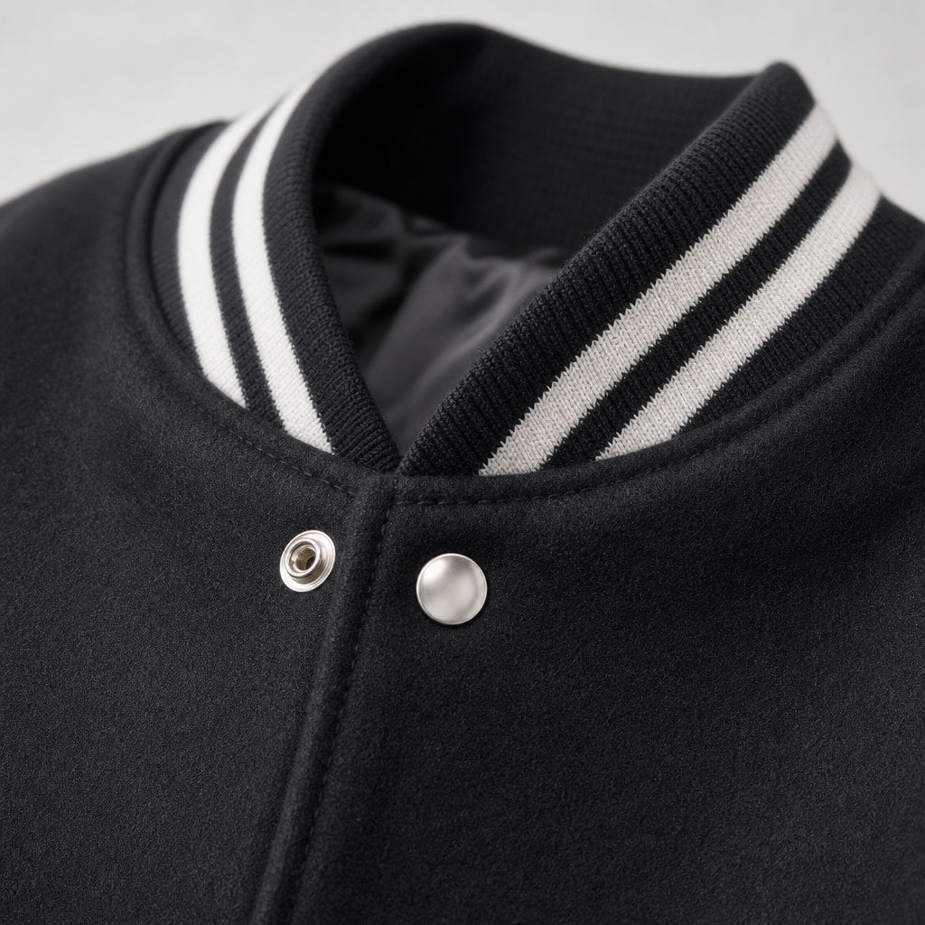 Duskborn Black and White Wool Leather Varsity Jacket Black – Fabric and Detail Close-Up