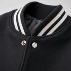Duskborn Black and White Wool Leather Varsity Jacket Black – Fabric and Detail Close-Up
