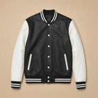 Duskborn Black and White Wool Leather Varsity Jacket Black – Flat Lay Product Photo