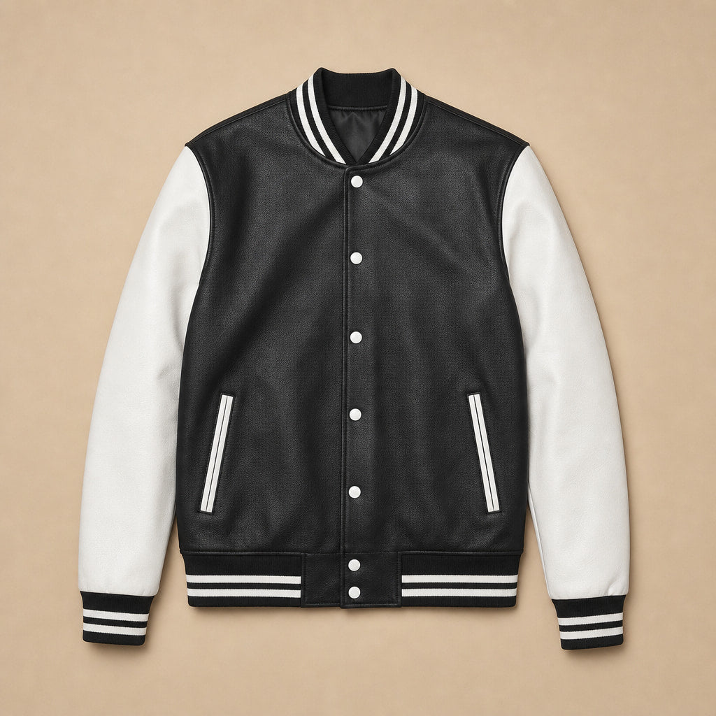 Duskborn Black and White Wool Leather Varsity Jacket Black – Flat Lay Product Photo
