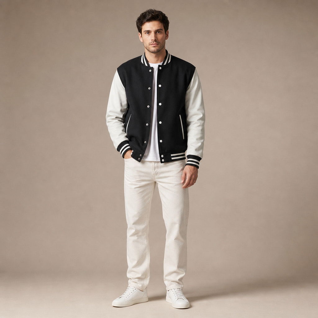 Duskborn Black and White Wool Leather Varsity Jacket Black – Full Look
