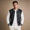 Duskborn Black and White Wool Leather Varsity Jacket Black – Product Photo