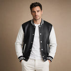 Duskborn Black and White Wool Leather Varsity Jacket Black – Product Photo
