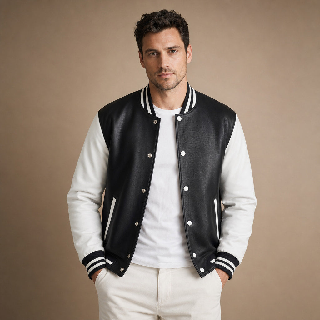 Duskborn Black and White Wool Leather Varsity Jacket Black – Product Photo