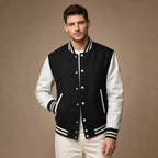 Duskborn Black and White Wool Leather Varsity Jacket in Black – Tarlano Premium Menswear