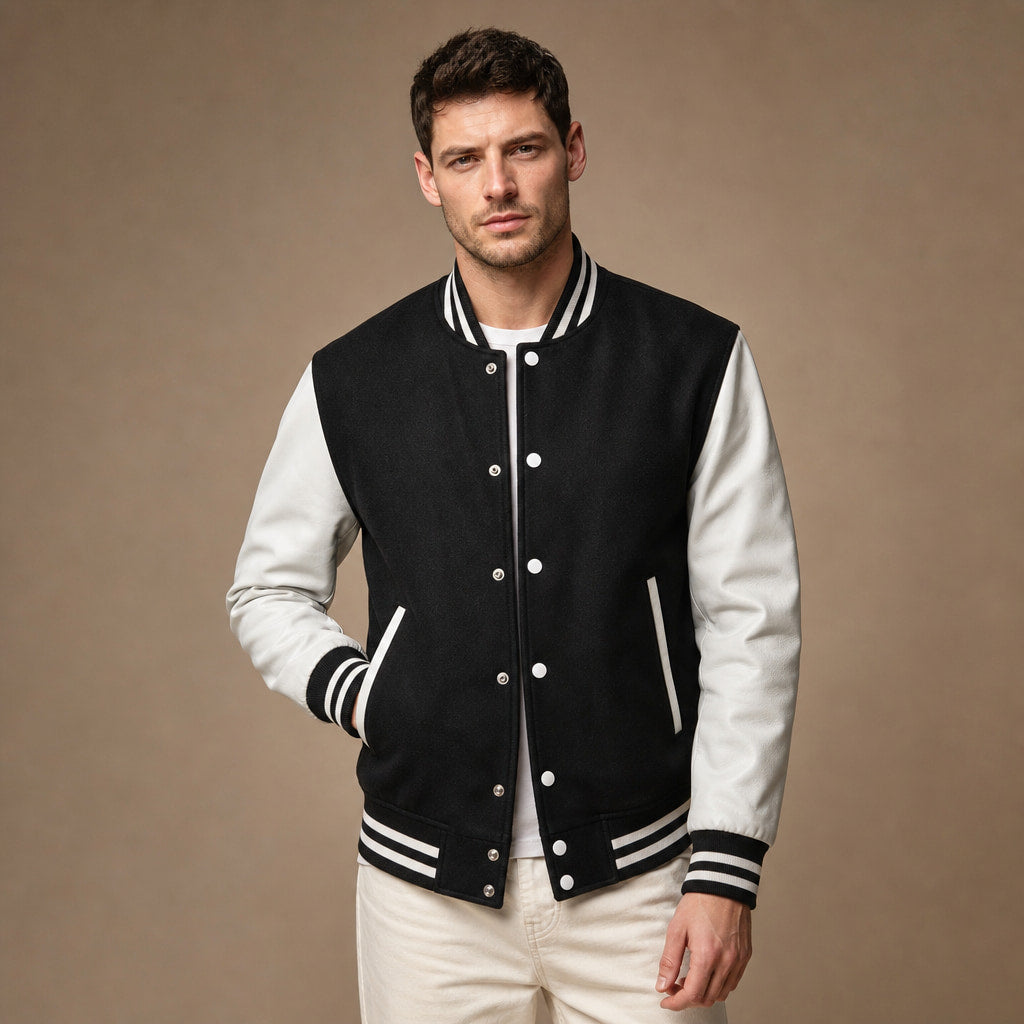 Duskborn Black and White Wool Leather Varsity Jacket in Black – Tarlano Premium Menswear