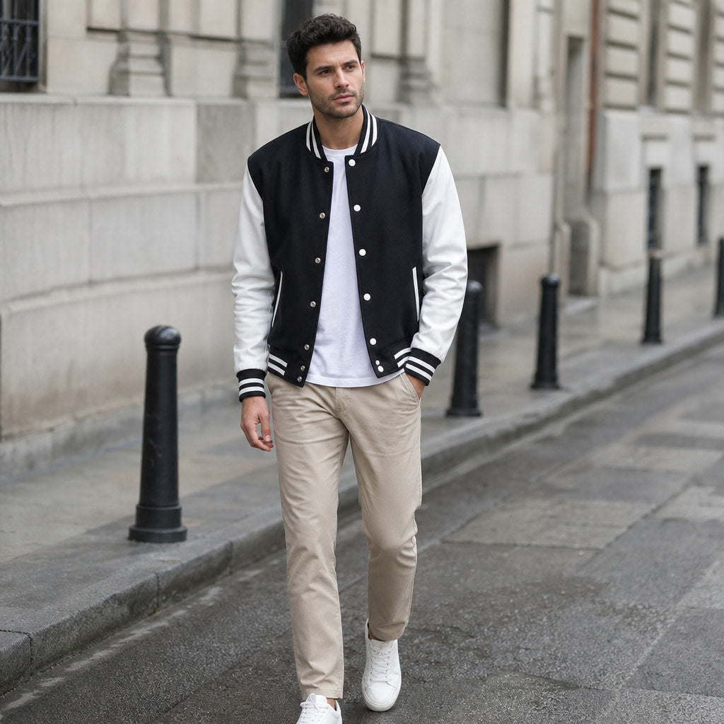 Duskborn Black and White Wool Leather Varsity Jacket Black – Styled Editorial Shot