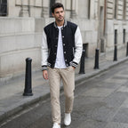 Duskborn Black and White Wool Leather Varsity Jacket Black – Styled Editorial Shot