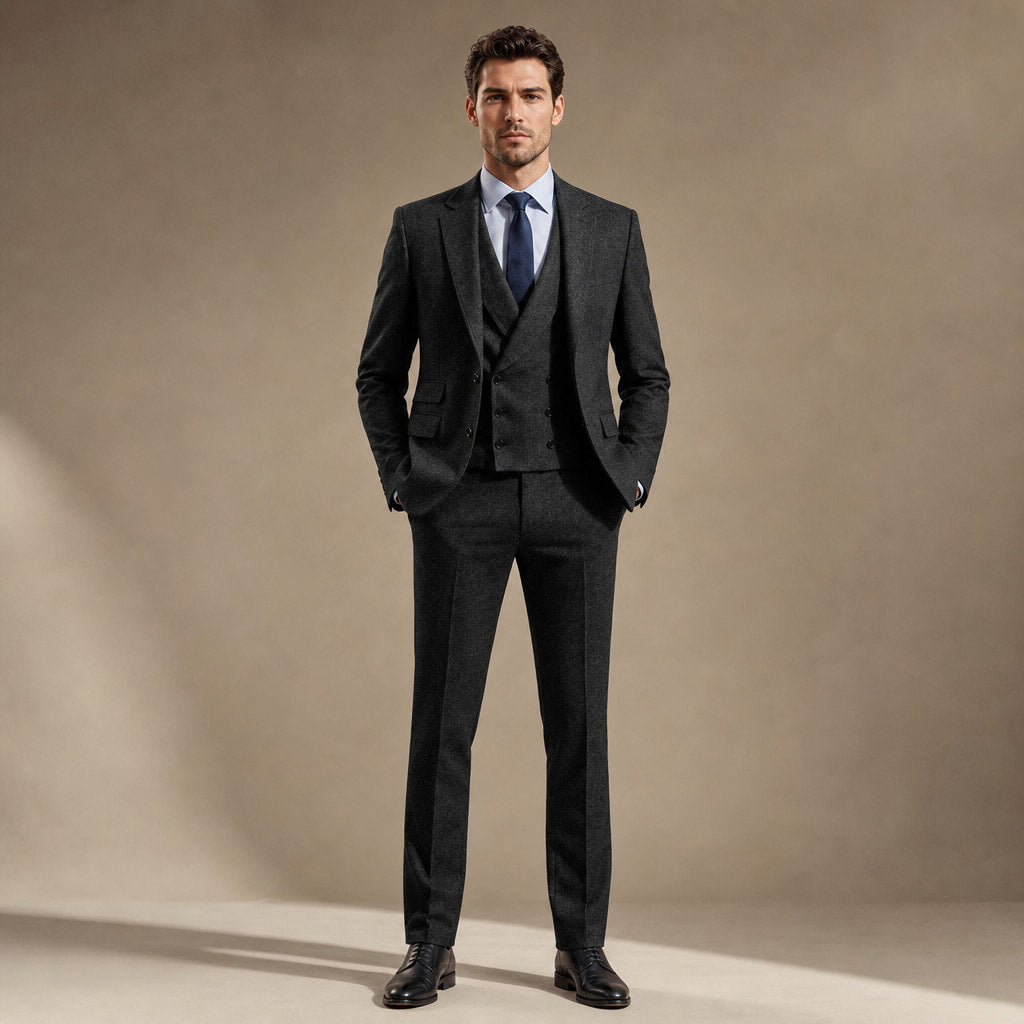 Herringbone Suit Three Piece in Black – Tarlano Premium Menswear