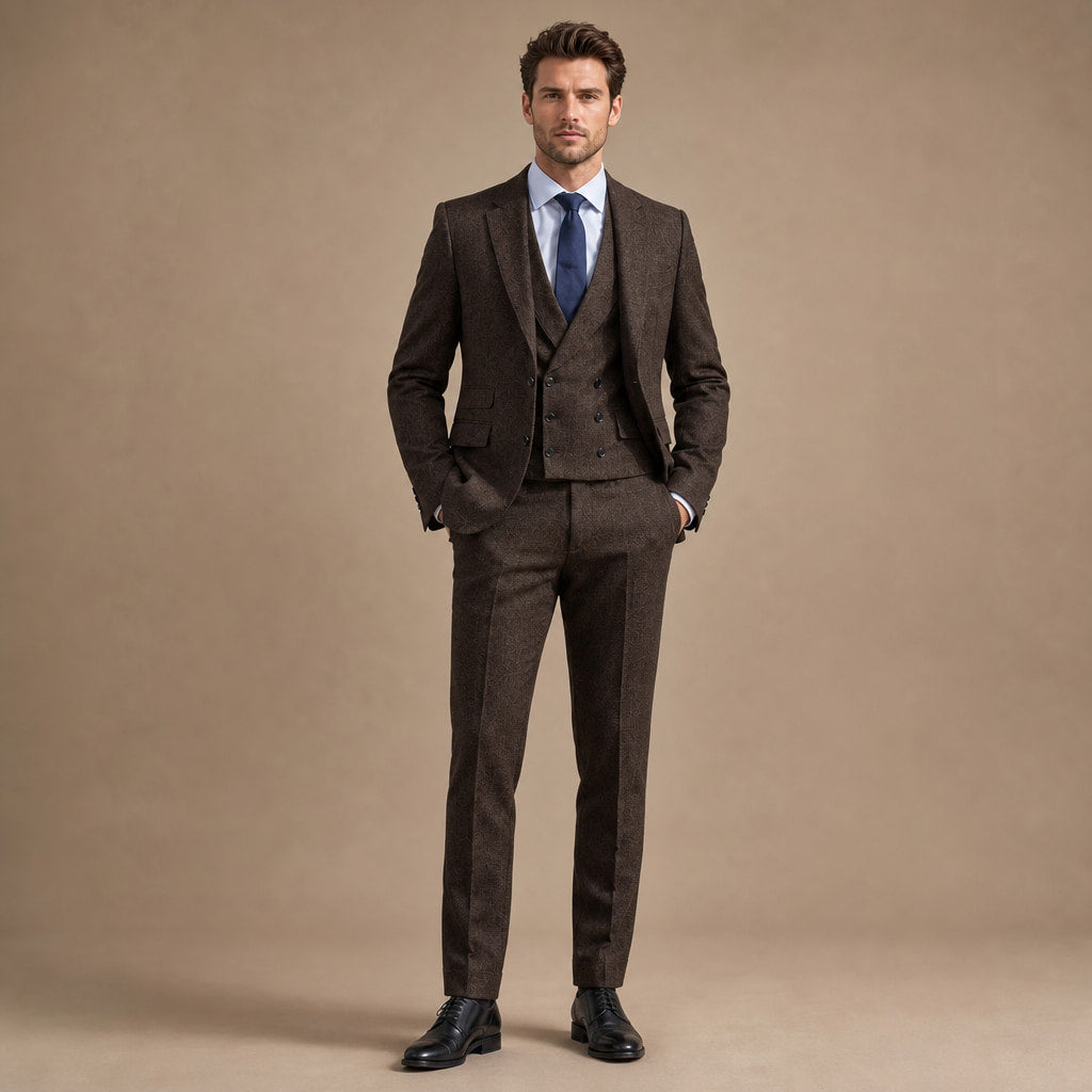 Herringbone Suit Three Piece in Coffee – Tarlano Premium Menswear