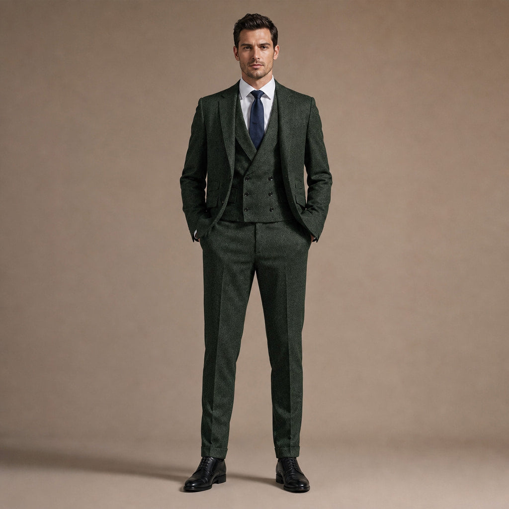 Herringbone Suit Three Piece in Dark Green – Tarlano Premium Menswear