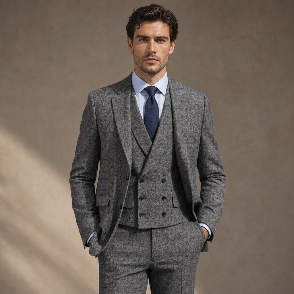 Herringbone Suit Three Piece Dark Grey – Full Look