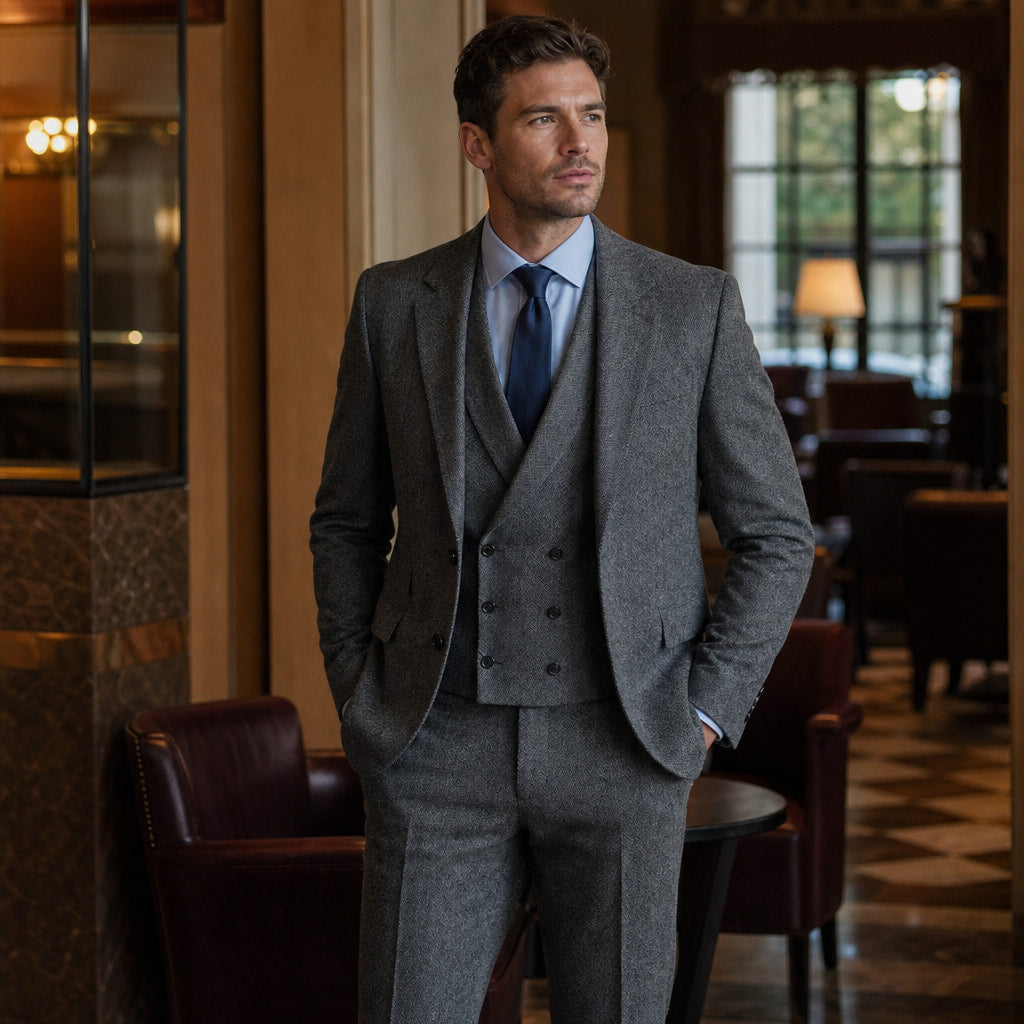 Herringbone Suit Three Piece Dark Grey – Styled Editorial Shot