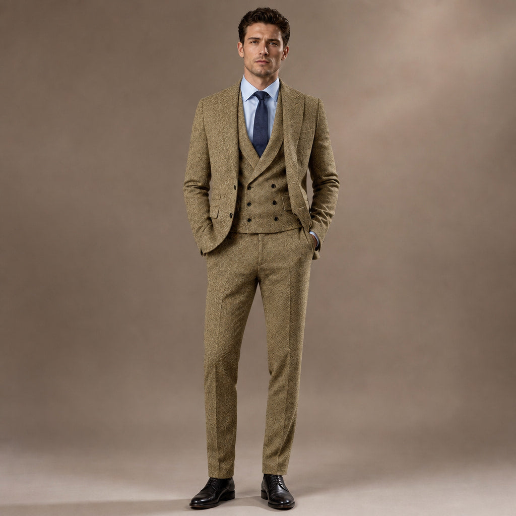 Herringbone Suit Three Piece in Khaki – Tarlano Premium Menswear