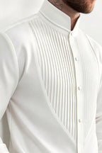 Elvane | Pleated Bib Shirt Band Collar – Styled Editorial Shot