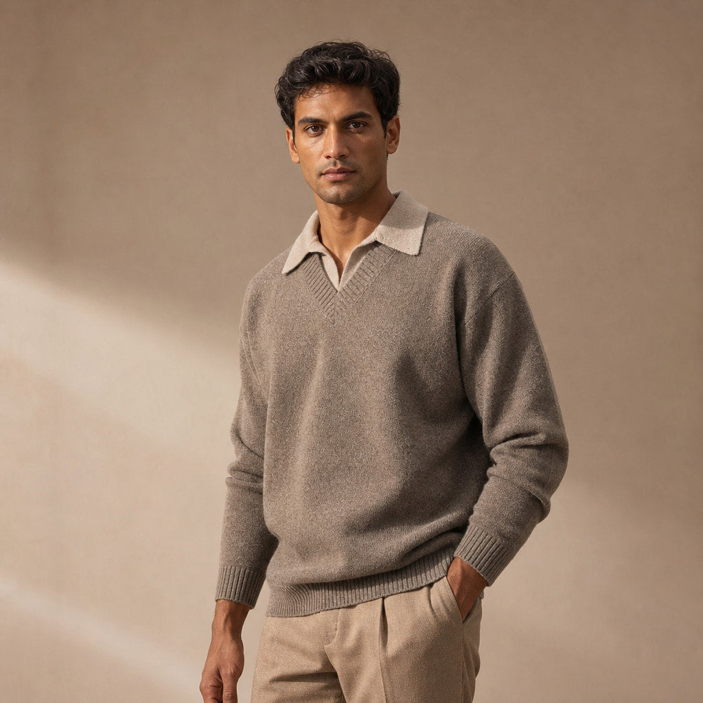 Eton Layered V-Neck Taupe – Side Angle View