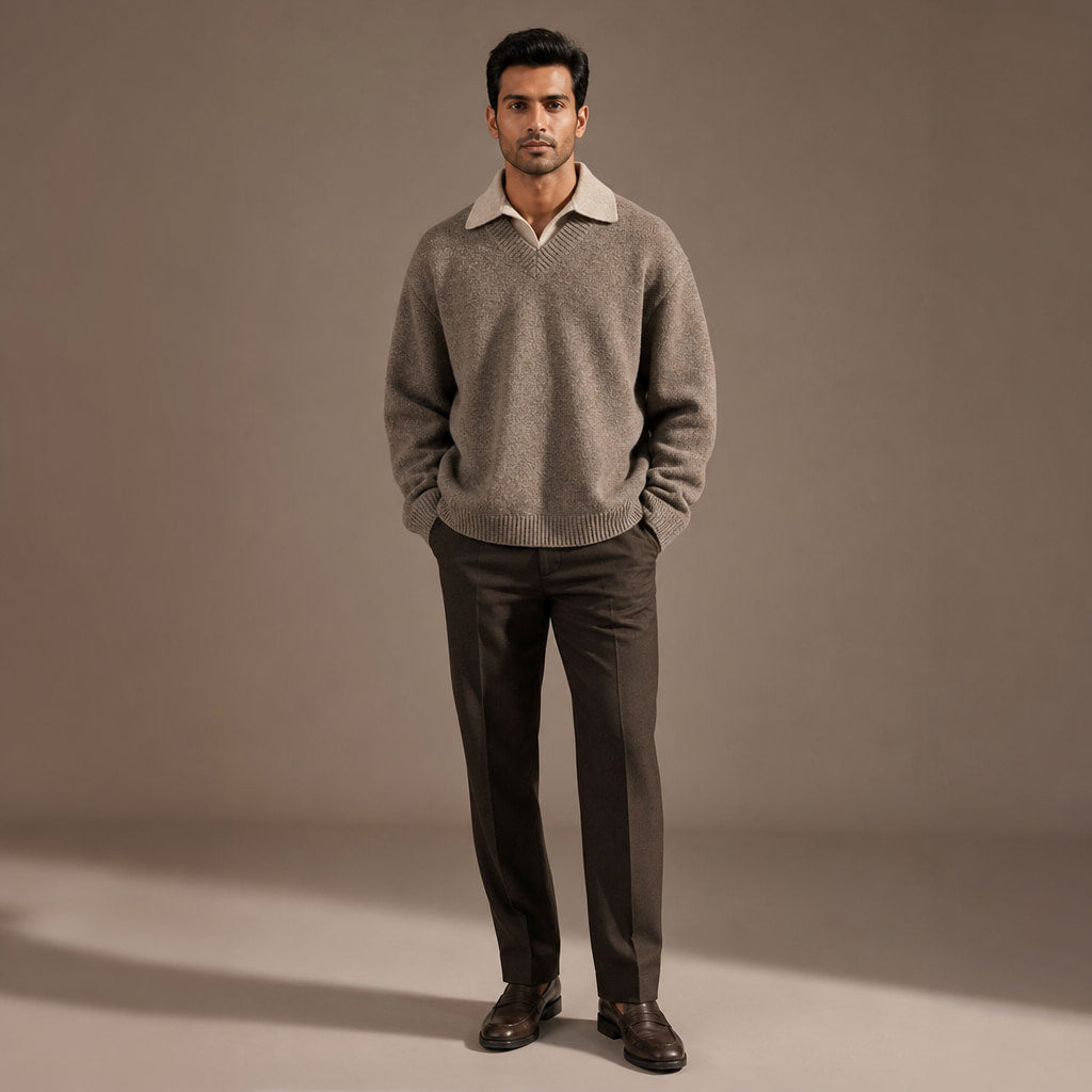 Eton Layered V-Neck Taupe – Full Look