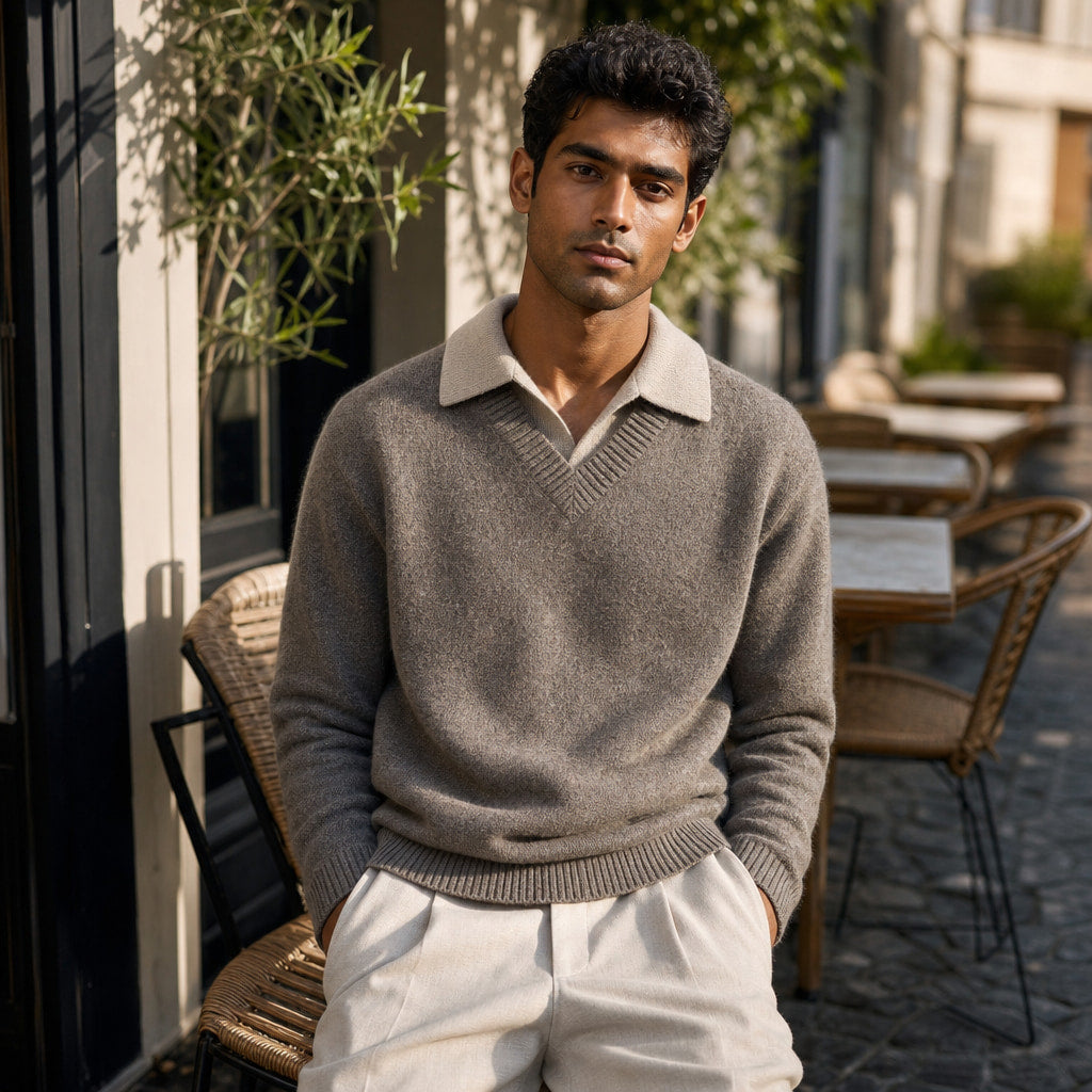 Eton Layered V-Neck Taupe – Styled Editorial Shot
