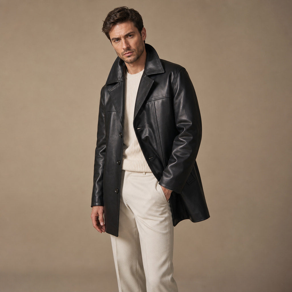 Ezric Black Single-Breasted Leather Coat For Men Black – Side Angle View