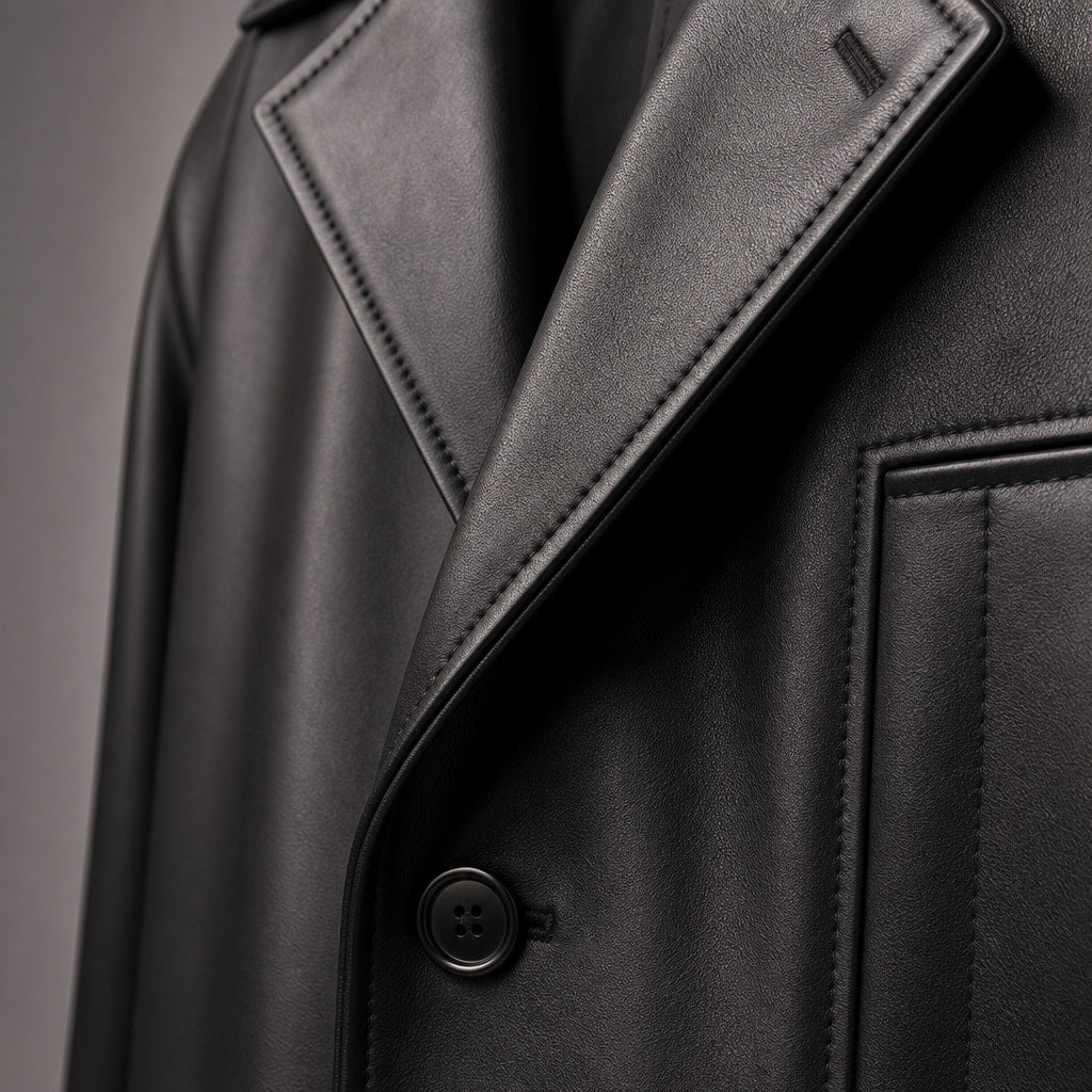 Ezric Black Single-Breasted Leather Coat For Men Black – Fabric and Detail Close-Up