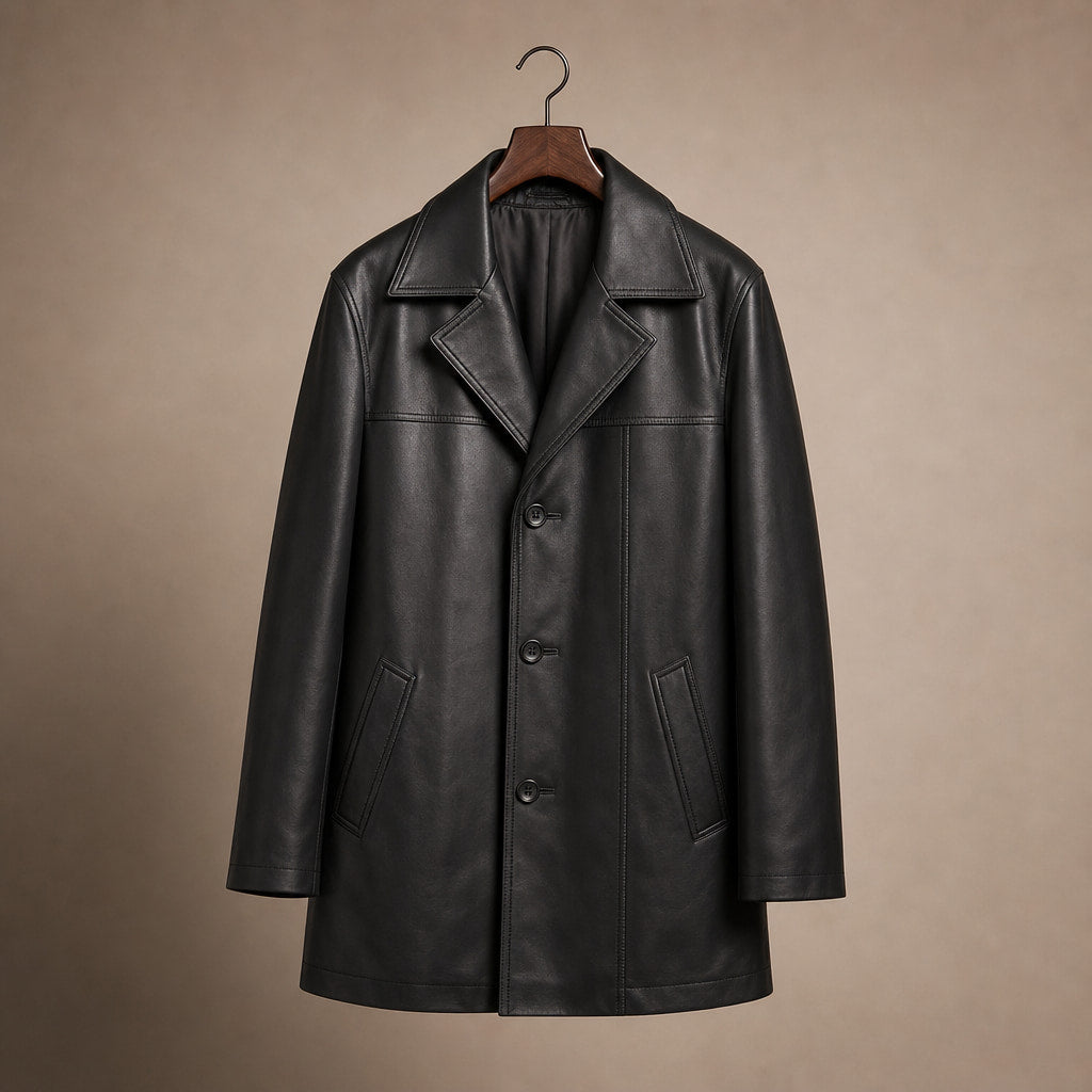 Ezric Black Single-Breasted Leather Coat For Men Black – Product Photo