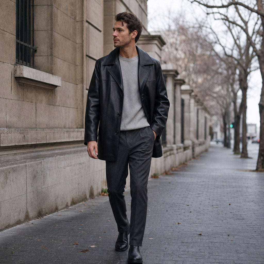 Ezric Black Single-Breasted Leather Coat For Men Black – Styled Editorial Shot