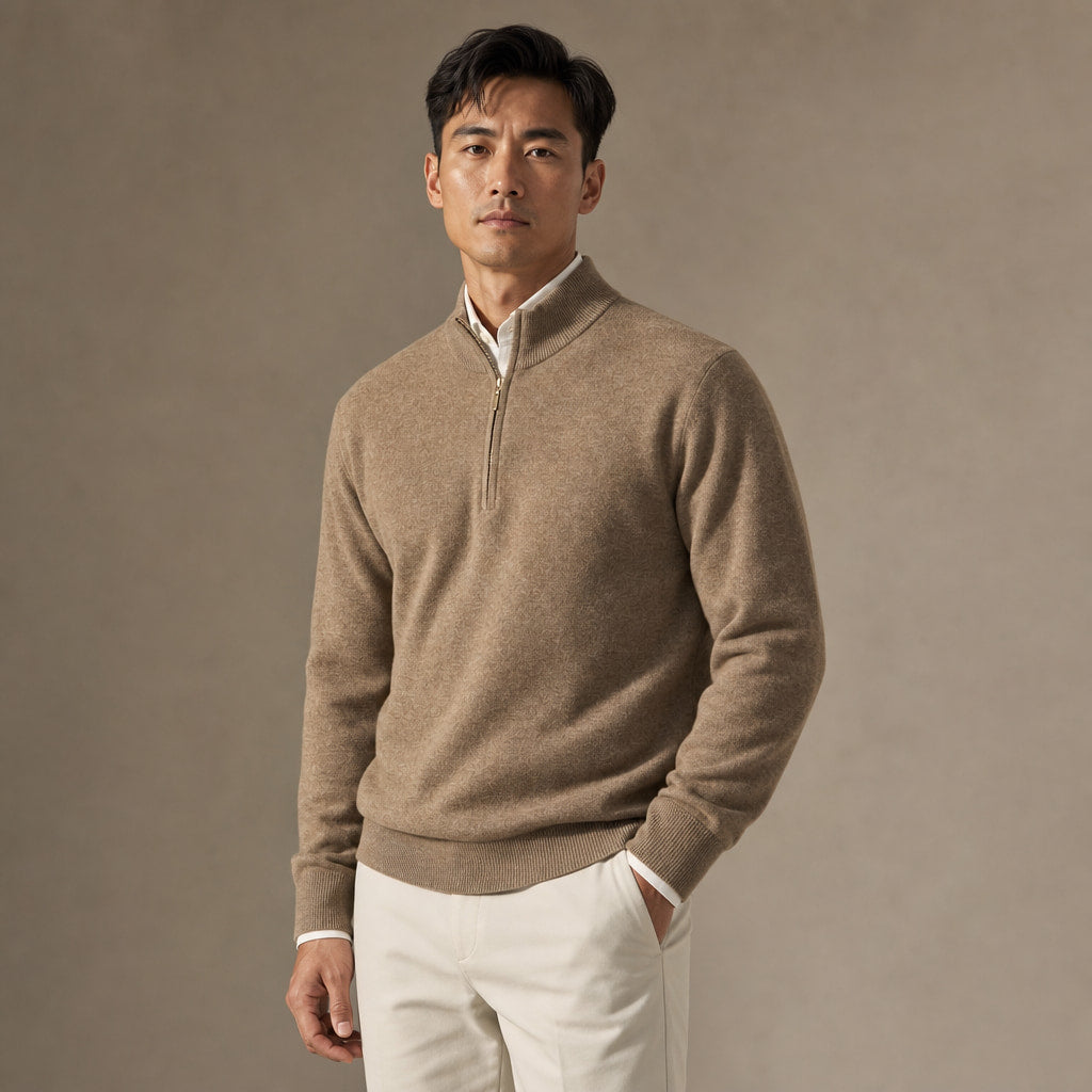 Fairfax Wool-Blend Quarter-Zip Camel – Side Angle View