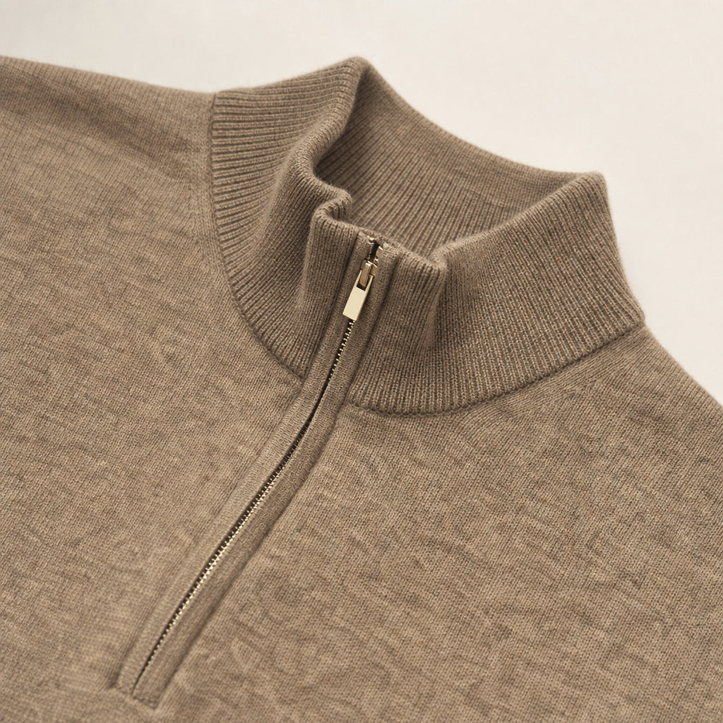 Fairfax Wool-Blend Quarter-Zip Camel – Fabric and Detail Close-Up