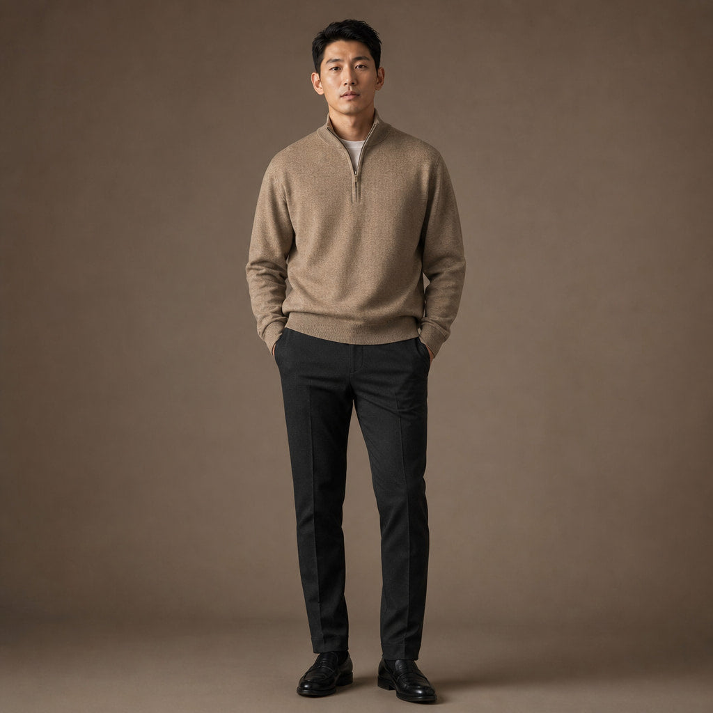 Fairfax Wool-Blend Quarter-Zip Camel – Full Look