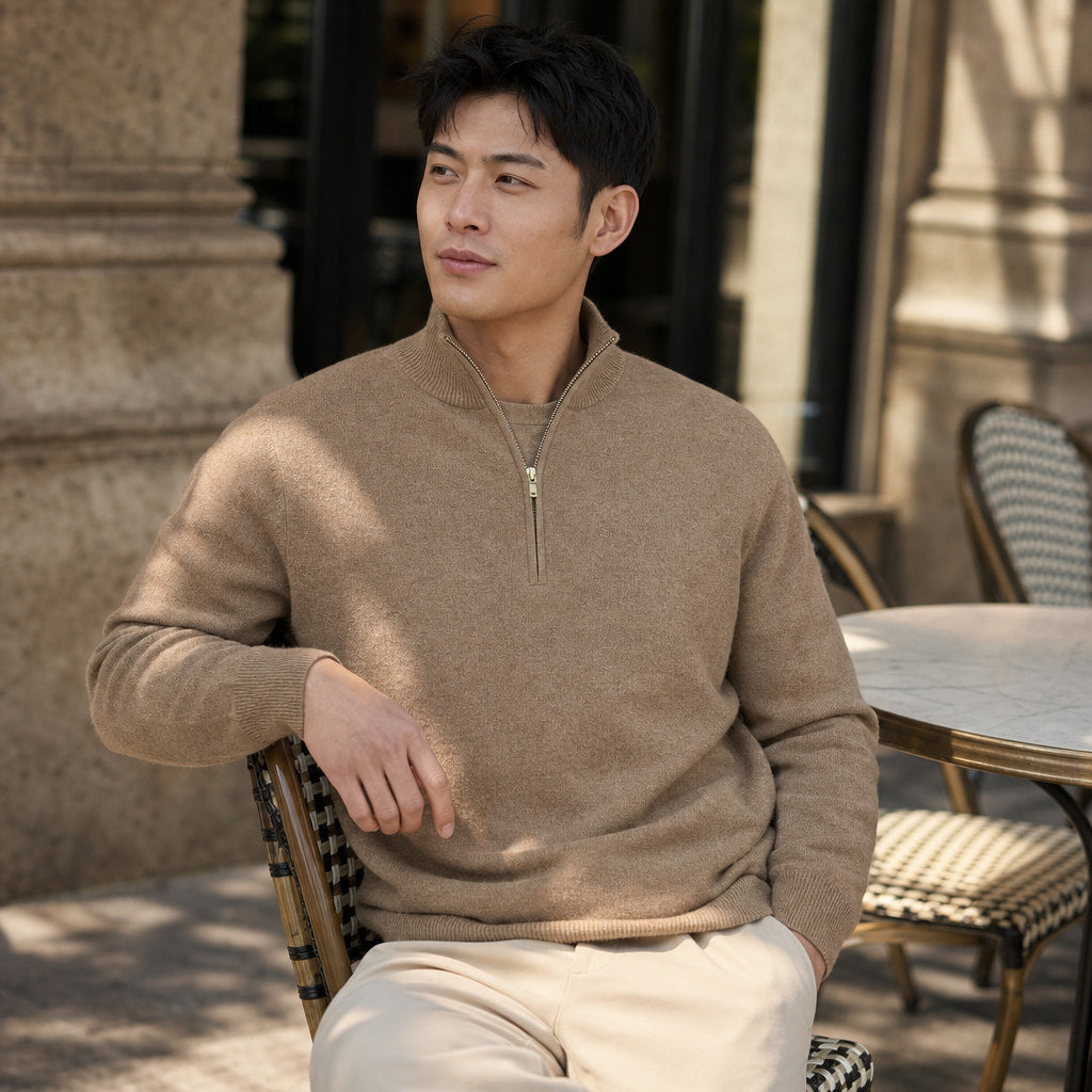 Fairfax Wool-Blend Quarter-Zip Camel – Styled Editorial Shot