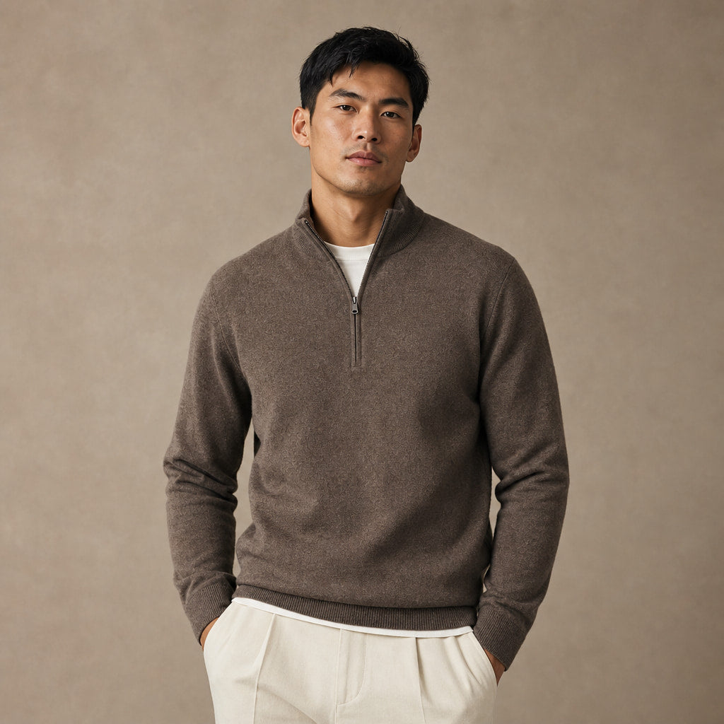 Fairfax Wool-Blend Quarter-Zip Taupe – Product Photo