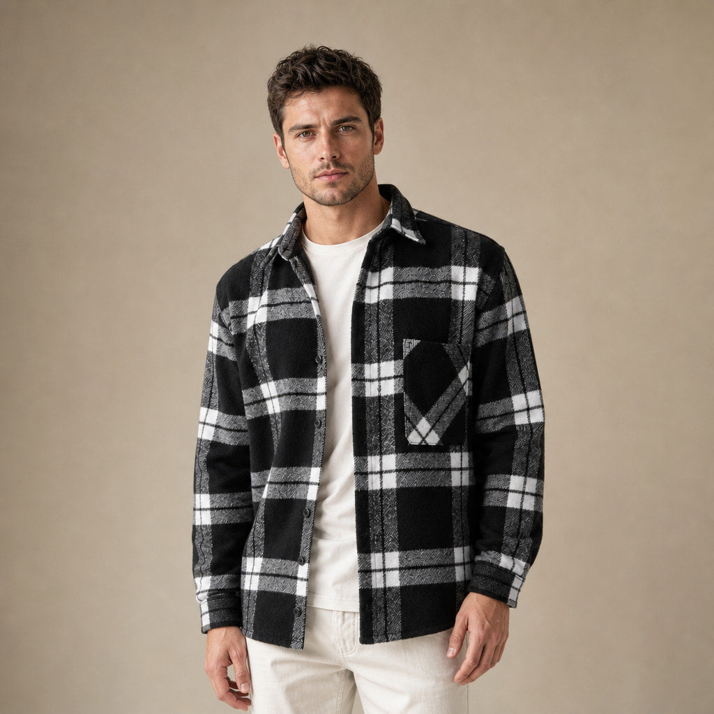 Plaid Flannel Overshirt Relaxed Fit in Black – Tarlano Premium Menswear