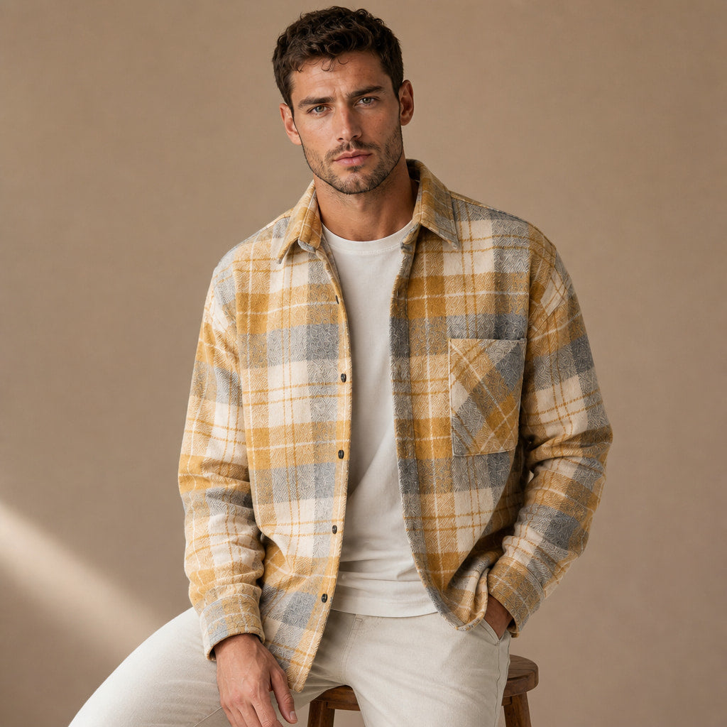 Plaid Flannel Overshirt Relaxed Fit Yellow – Product Photo