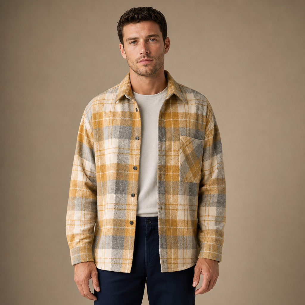 Plaid Flannel Overshirt Relaxed Fit in Yellow – Tarlano Premium Menswear