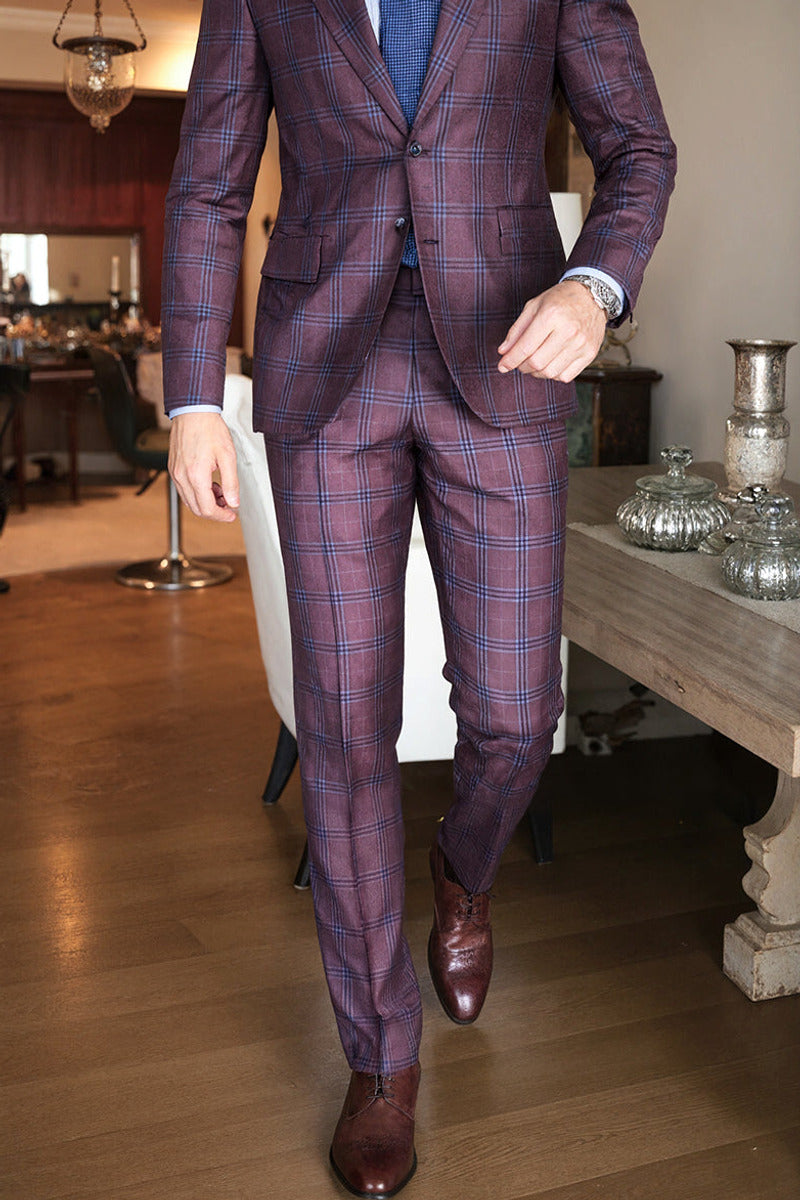 Ferrand | Windowpane Plaid Suit Single Breasted Burgundy – Styled Editorial Shot