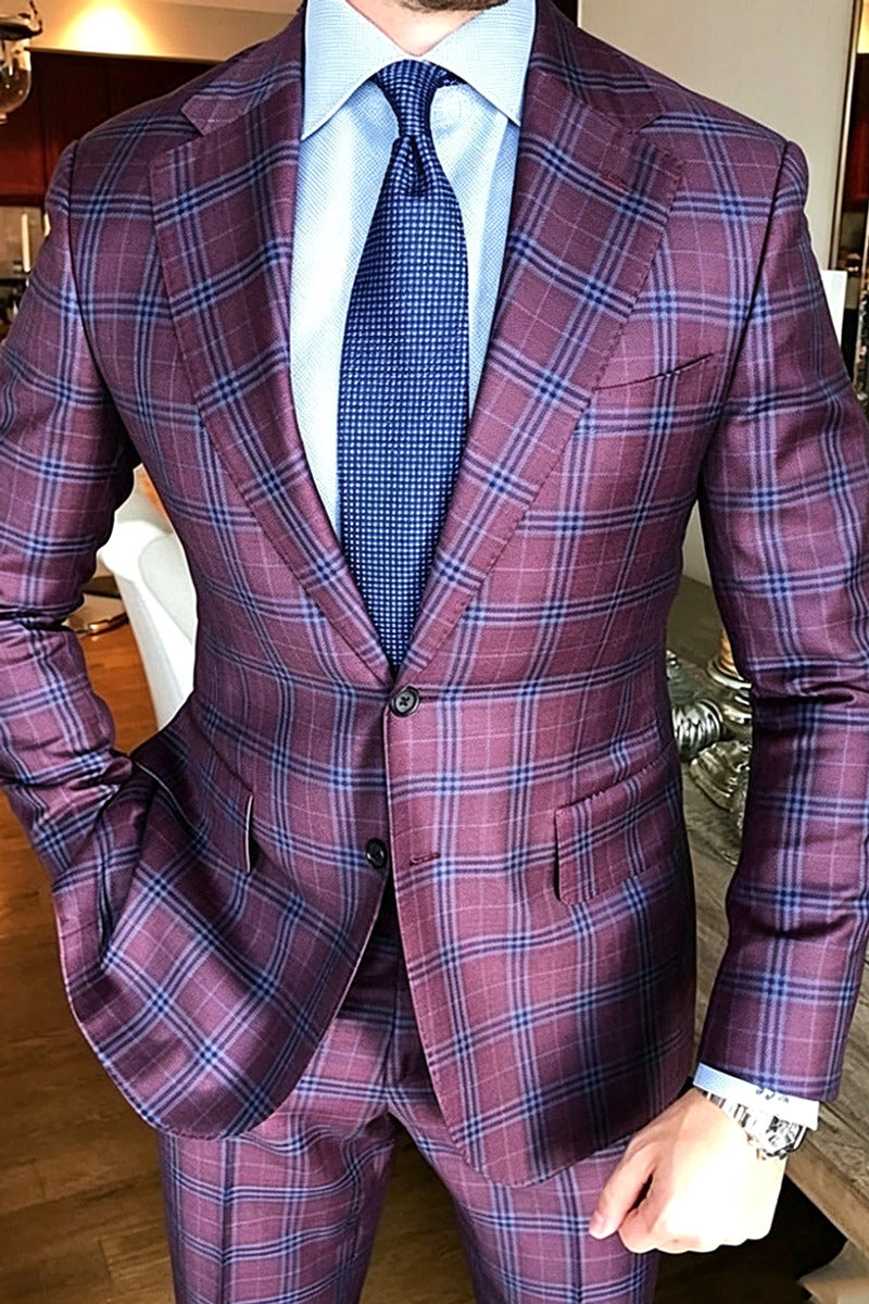 Ferrand | Windowpane Plaid Suit Single Breasted Burgundy – Premium Editorial