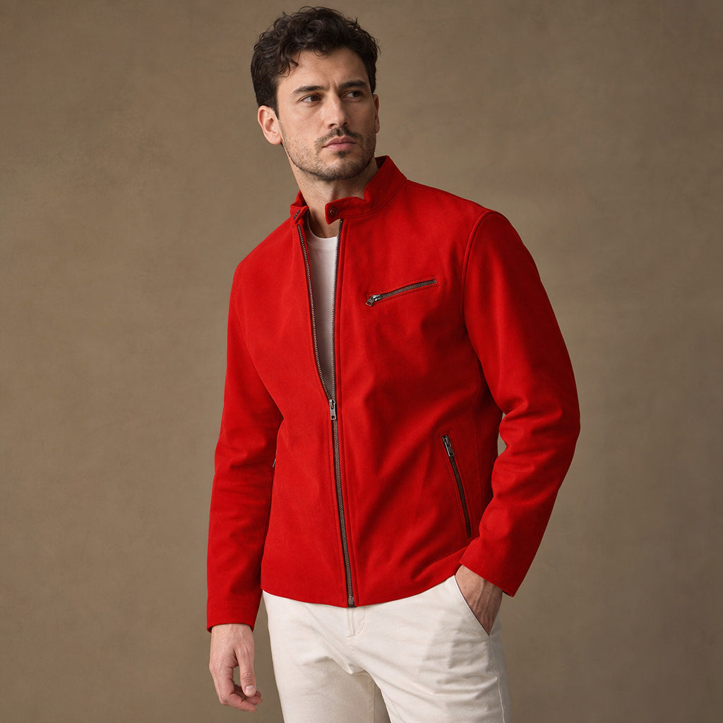 Flare Red Suede Leather Biker Style Jacket For Men Red – Side Angle View