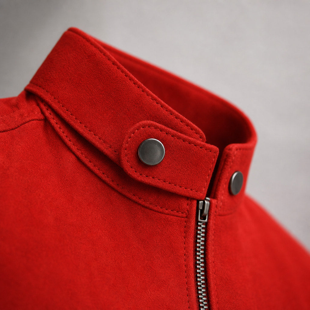 Flare Red Suede Leather Biker Style Jacket For Men Red – Fabric and Detail Close-Up