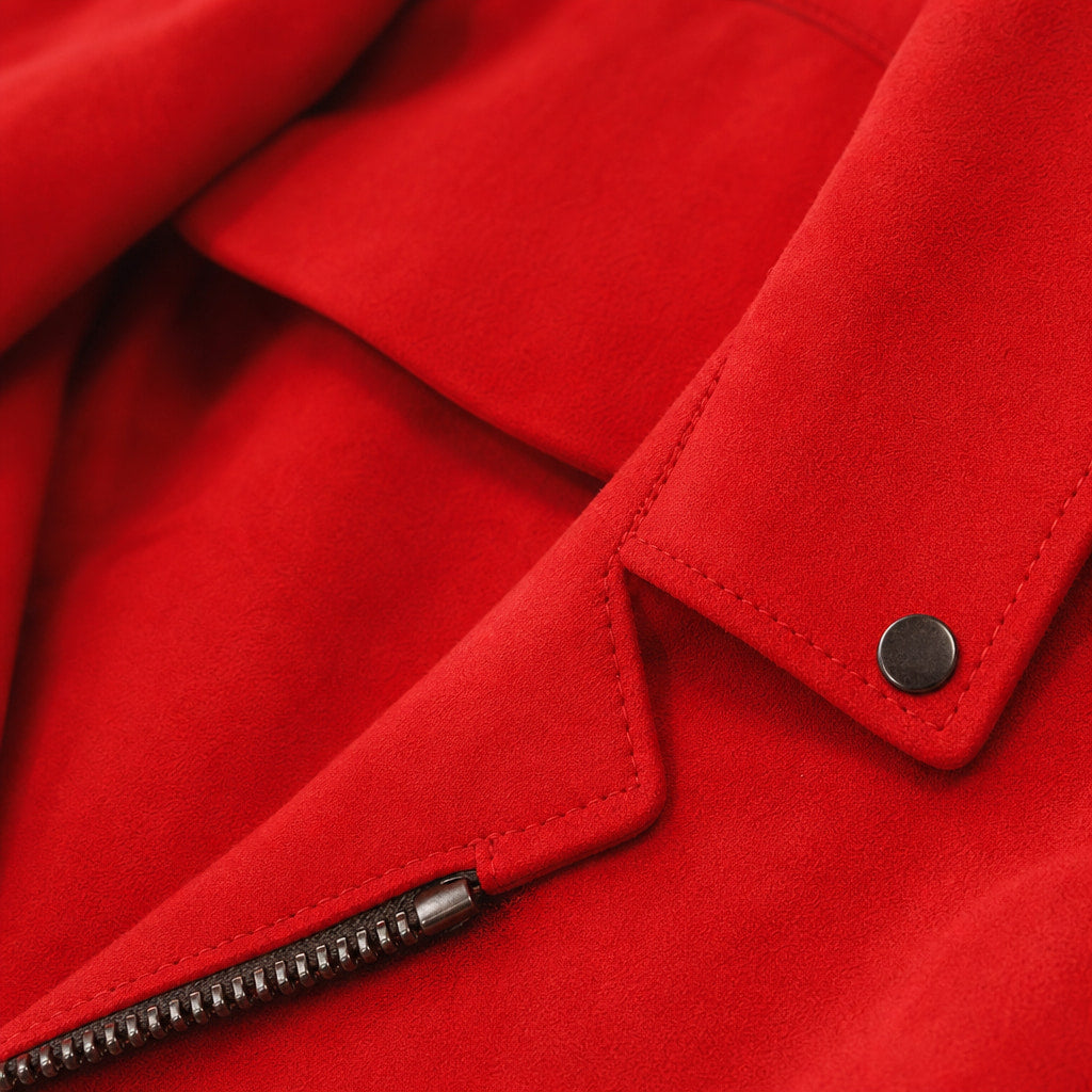Flare Red Suede Leather Biker Style Jacket For Men Red – Fabric and Detail Close-Up