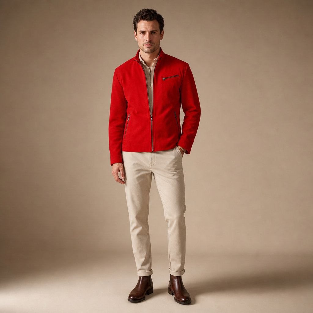 Flare Red Suede Leather Biker Style Jacket For Men Red – Full Look