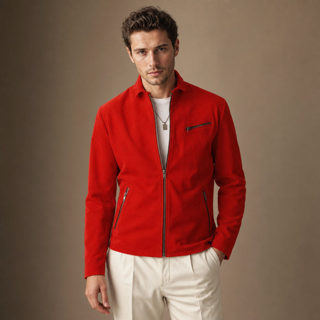 Flare Red Suede Leather Biker Style Jacket For Men Red – Product Photo