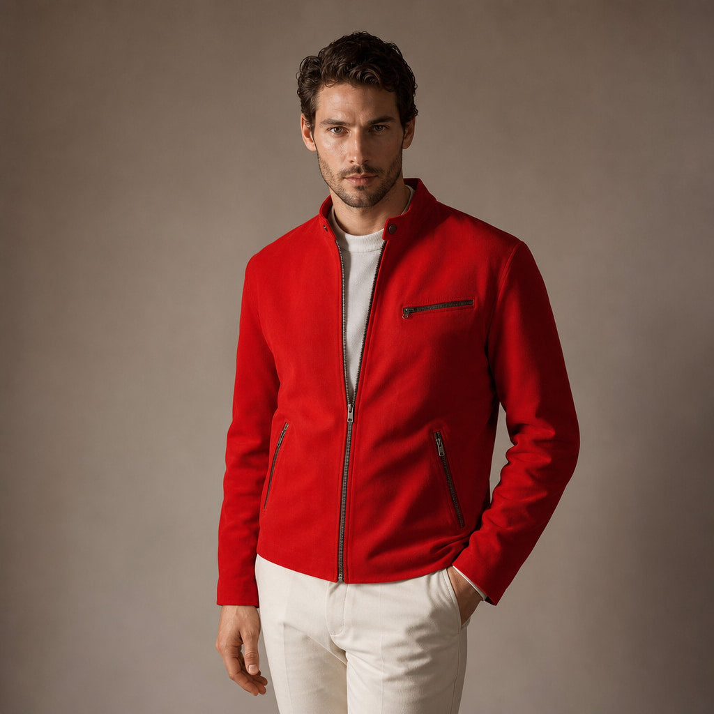Flare Red Suede Leather Biker Style Jacket For Men in Red – Tarlano Premium Menswear
