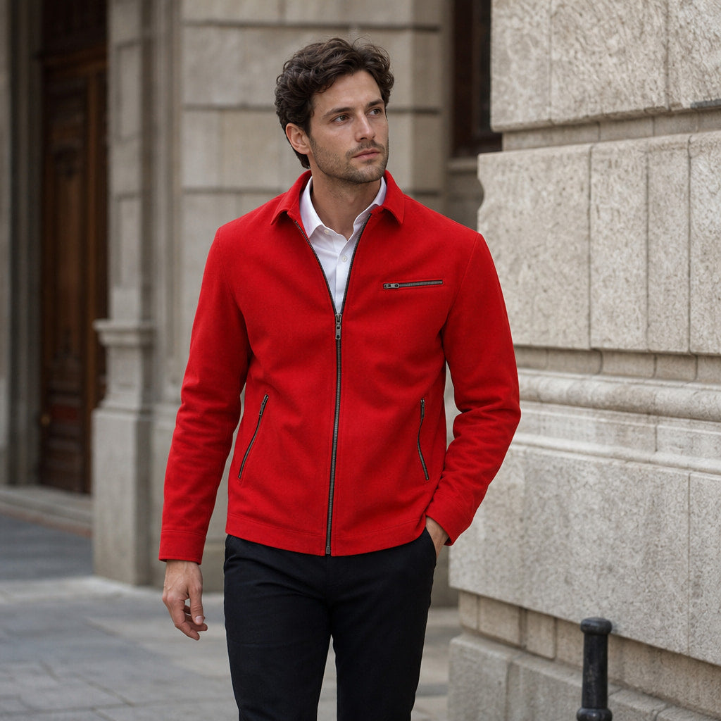 Flare Red Suede Leather Biker Style Jacket For Men Red – Styled Editorial Shot