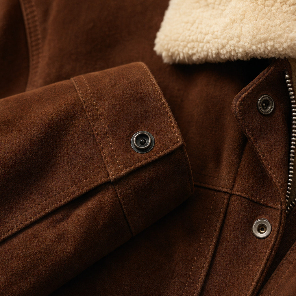 Frisky Dark Brown Shearling Suede Leather Jacket Brown – Fabric and Detail Close-Up