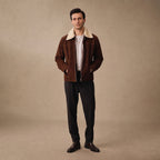 Frisky Dark Brown Shearling Suede Leather Jacket Brown – Full Look