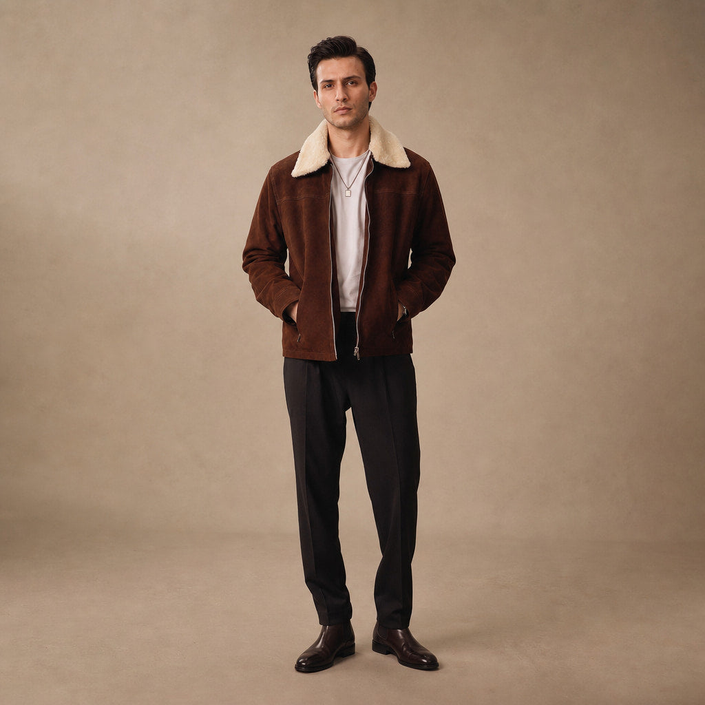 Frisky Dark Brown Shearling Suede Leather Jacket Brown – Full Look